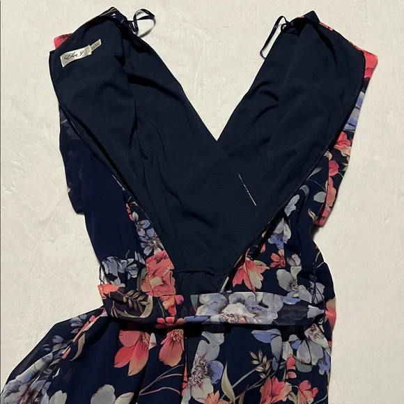 Eliza J Navy Floral Wrap High Low Maxi Dress Romantic Wedding Guest Flowy garden - Picture 9 of 10